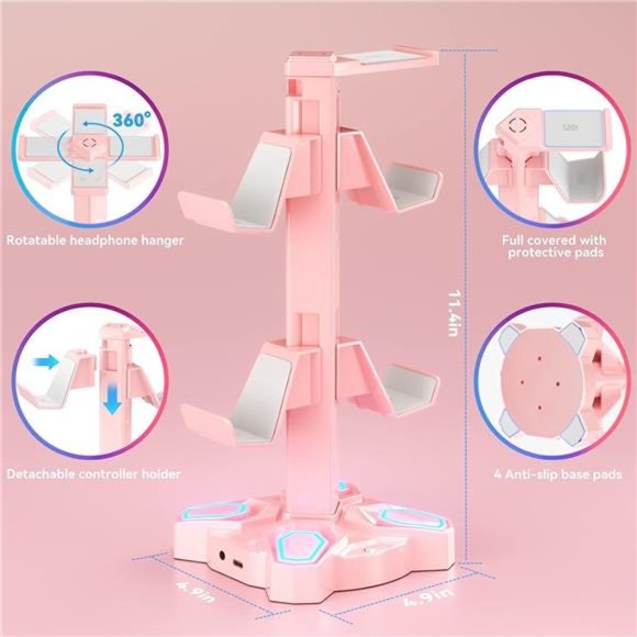 RGB Headphone Stand with 9 Light Modes - Rotatable Pink Game Headset Holder - Picture 4 of 6
